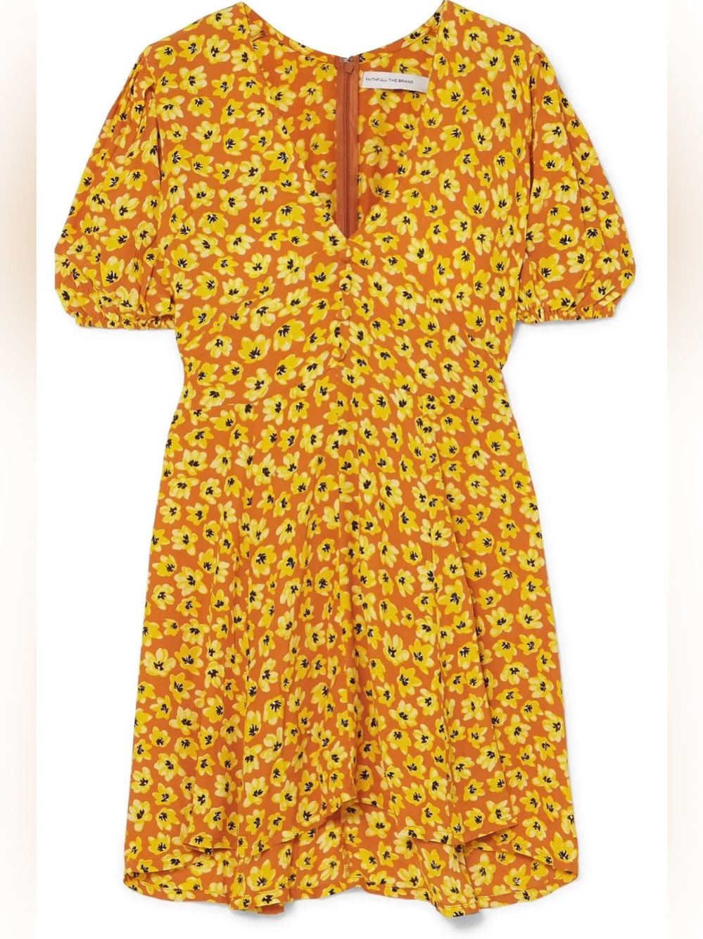 Faithfull the Brand “Ilia” Yellow Floral Mini Dress, Puffed Sleeves, Size 6 - Picture 6 of 14